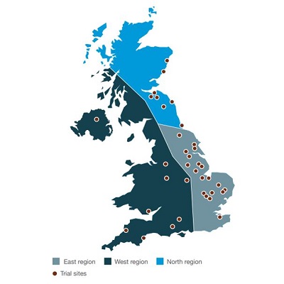 A UK map showing the three RL winter wheat regions and locations of harvest 2023 fungicide-treated y